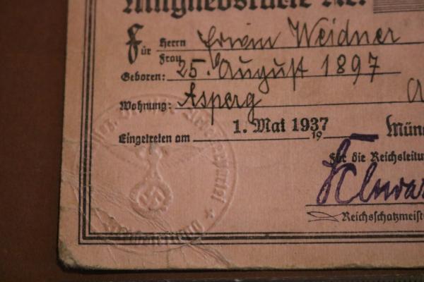 alte Mitgliedskarte NSDAP Nr. 4694059  München 1937